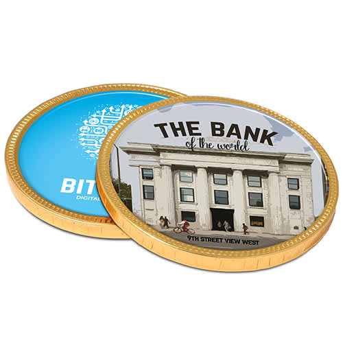 Promotional 100mm Gold Chocolate Coins Printed with a Company Logo by Total Merchandise