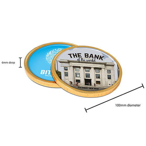 Dimensions of Branded 100mm Chocolate Medallions Printed with a Full Colour Label