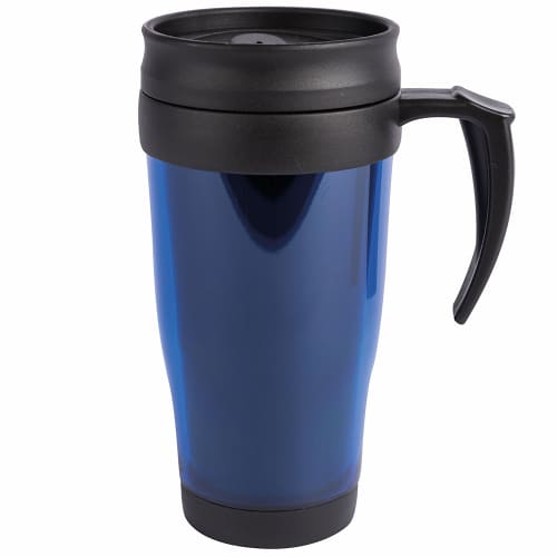 Branded Thermo Travel Mugs in Translucent Blue from Total Merchandise