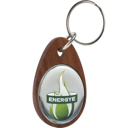 Custom Branded Wooden Oval Keyrings in Walnut with Printed Metal Plate by Total Merchandise