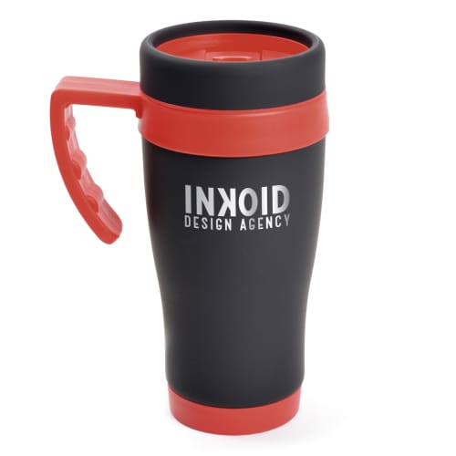 Promotional 450ml Oregan Matt Black Travel Mugs in Black/Red from Total Merchandise