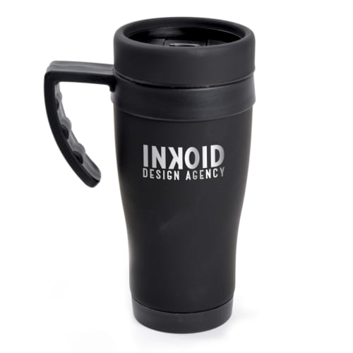 Corporate Branded 450ml Oregan Matt Black Travel Mugs in Black from Total Merchandise