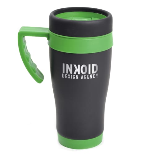 Promotional 450ml Oregan Matt Black Travel Mugs in Black/Green from Total Merchandise