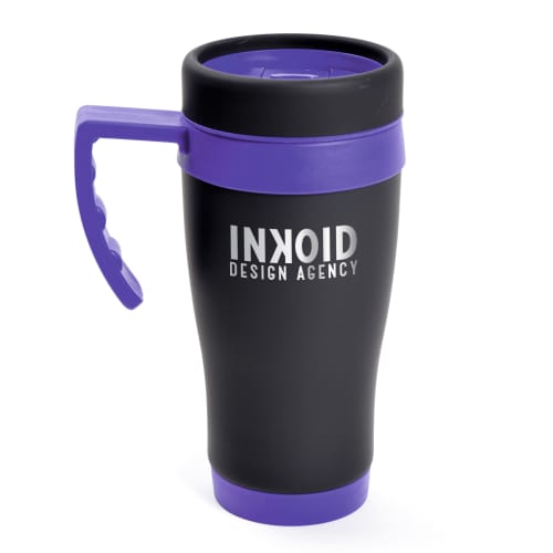 Promotional 450ml Oregan Matt Black Travel Mugs in Black/Purple from Total Merchandise