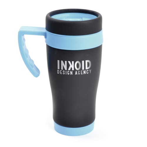 Custom Branded 450ml Oregan Matt Black Travel Mugs in Black/Cyan from Total Merchandise