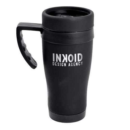 Corporate Branded 450ml Oregan Matt Black Travel Mugs in Black from Total Merchandise