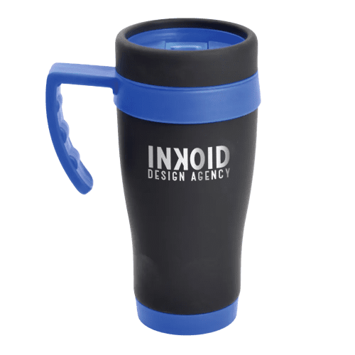 Custom Engraved 450ml Oregan Matt Black Travel Mugs in Black/Blue from Total Merchandise