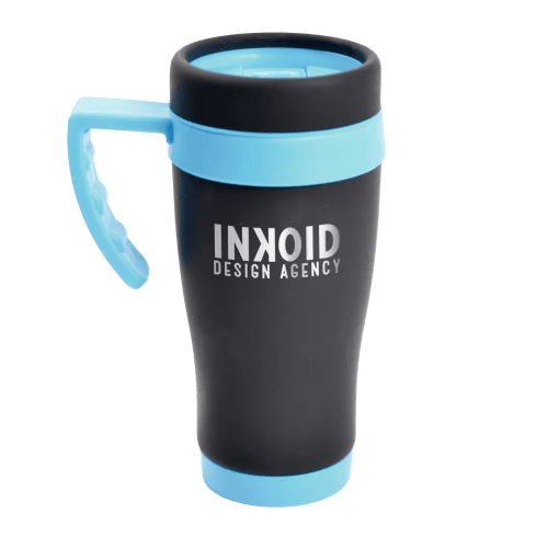 Custom Branded 450ml Oregan Matt Black Travel Mugs in Black/Cyan from Total Merchandise