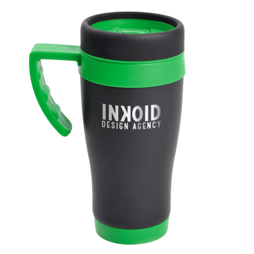 Promotional 450ml Oregan Matt Black Travel Mugs in Black/Green from Total Merchandise