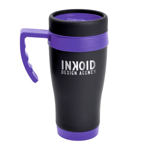 Promotional 450ml Oregan Matt Black Travel Mugs in Black/Purple from Total Merchandise
