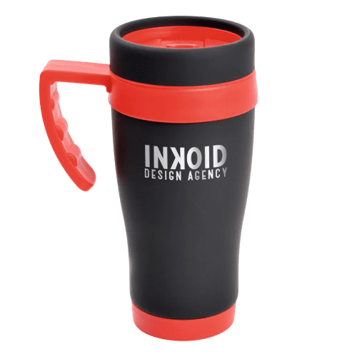 Promotional 450ml Oregan Matt Black Travel Mugs in Black/Red from Total Merchandise