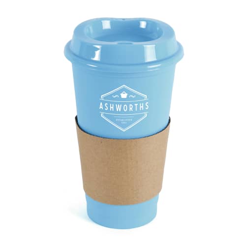 Reusable coffee cups with cardboard sleeve in cyan from Total Merchandise