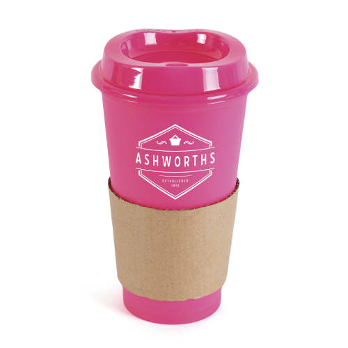 Custom printed reusable coffee cups with cardboard sleeve in pink from Total Merchandise