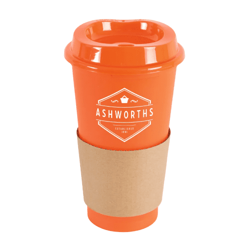 Reusable coffee cups with cardboard sleeve in amber from Total Merchandise