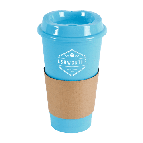 Reusable coffee cups with cardboard sleeve in cyan from Total Merchandise