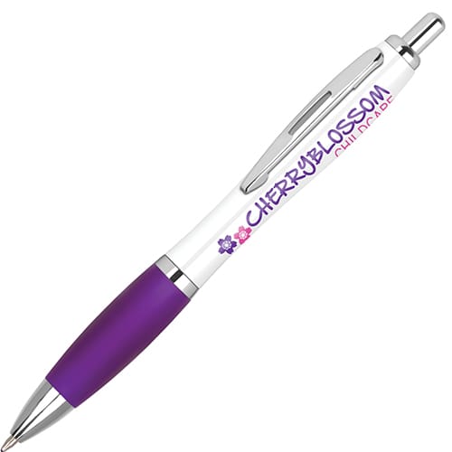 Custom branded Contour Extra Ballpens in white/purple for Total Merchandise