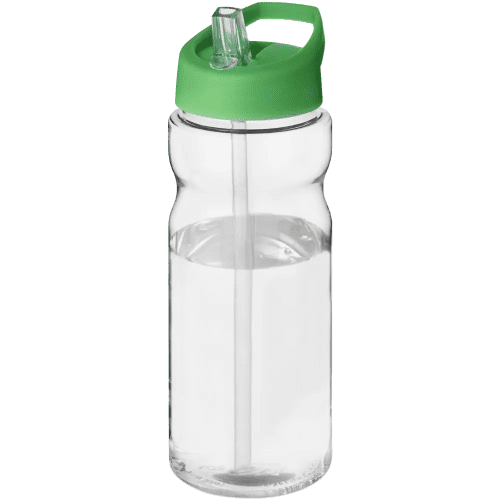 Custom 650ml Base Spout Lid Sports Bottles in clear with a green lid from Total Merchandise