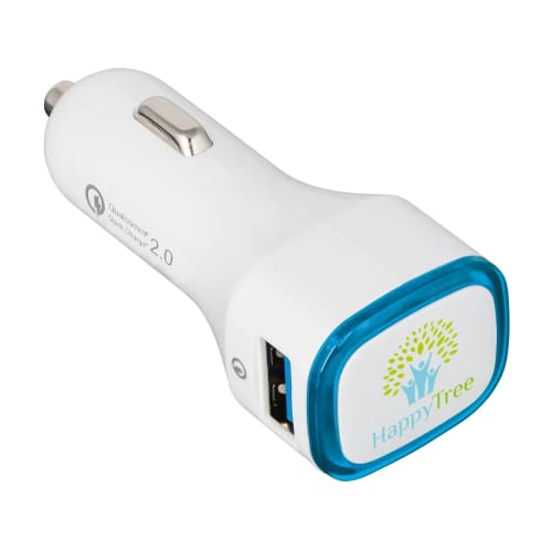 Illuminated Quick Charge USB Car Chargers in White/Light Blue