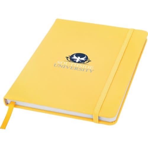 Company printed A5 Budget Soft Touch Notebooks in yellow available from Total Merchandise