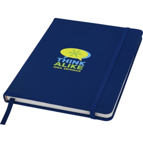 A5 Soft Touch Notebook in navy with a company logo printed to the front