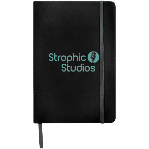 Printed A5 Budget Soft Touch Notebooks in black available from Total Merchandise