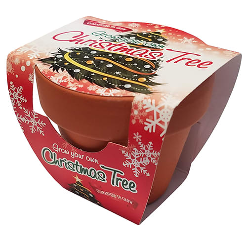 Your logo is printed on the sleeve or pot of these mini Christmas tree kits.