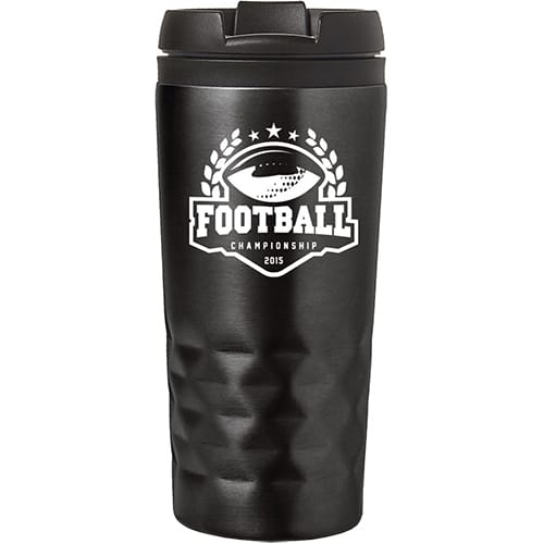 Branded metal travel mug in black printed with a company logo from Total Merchandise