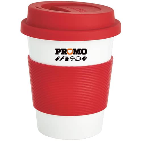 Branded Reusable Coffee Cups Printed with a Logo in Red/White from Total Merchandise