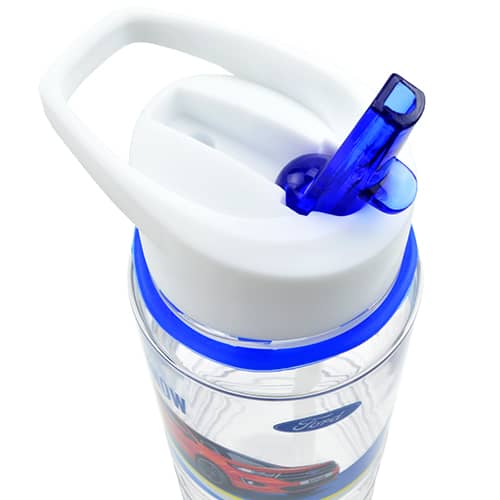 Branded sports bottle with blue hydra straw printed with your logo from Total Merchandise