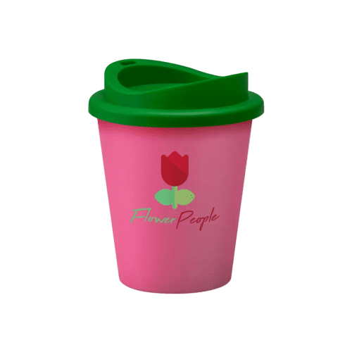 Corporate Branded Reusable Coffee Cups in Pink/Green Printed with a Logo by Total Merchandise