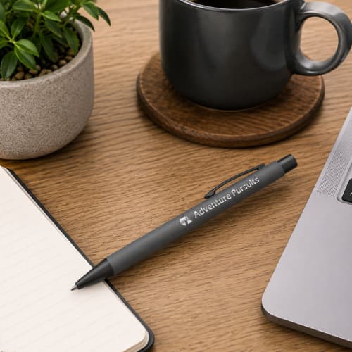 Lifestyle image of the Bowie Soft Touch Metal Pens by Total Merchandise