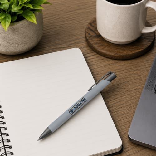 Lifestyle image of the Crosby Gunmetal Soft Touch Ballpens by Total Merchandise