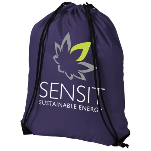 Promotional purple drawstring rucksacks printed with your logo from Total Merchandise