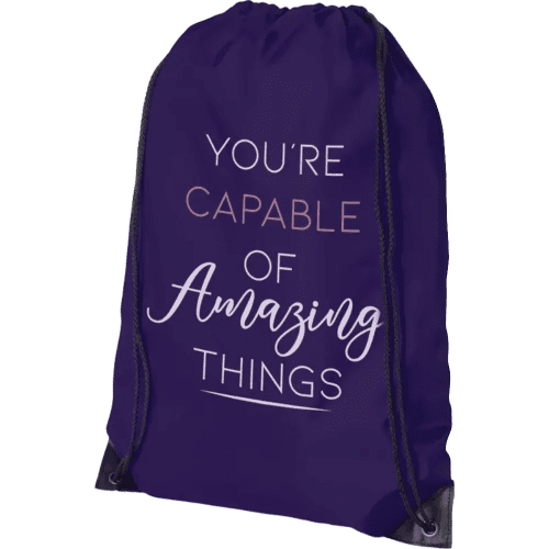 Promotional purple drawstring rucksacks printed with your logo from Total Merchandise