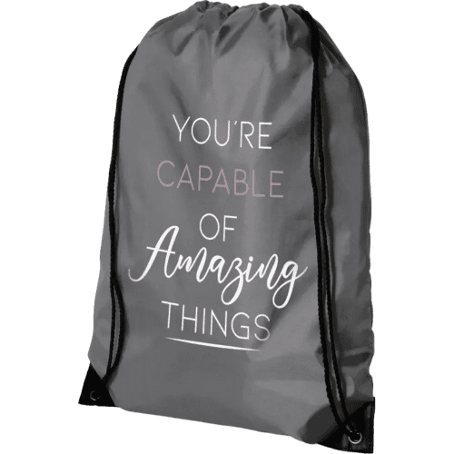 Printed light grey drawstring rucksack customised with your logo from Total Merchandise