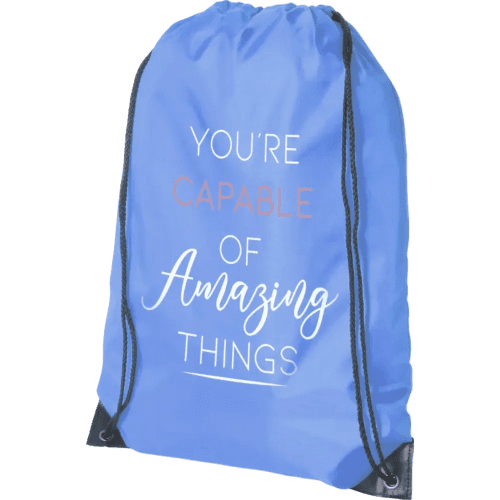 Printed drawstring rucksack in sky blue customised with your logo from Total Merchandise