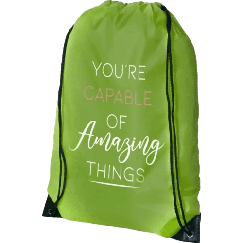 Branded Lime drawstring rucksacks customised with your logo from Total Merchandise