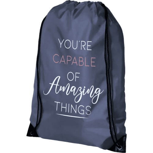Promotional navy drawstring rucksack printed with your logo from Total Merchandise