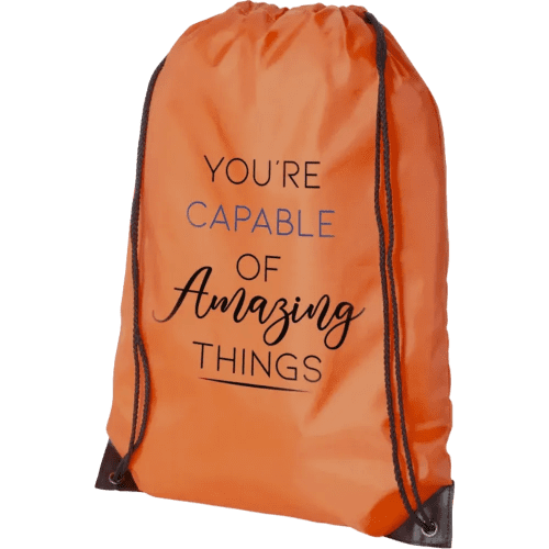 Branded drawstring rucksack in orange, printed with your logo from Total Merchandise