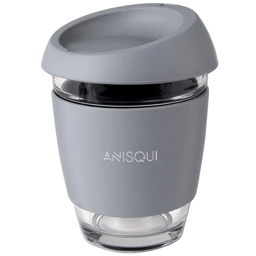UK Printed Reusable Glass Coffee Cups with Grey Lid and Grip with a Logo by Total Merchandise