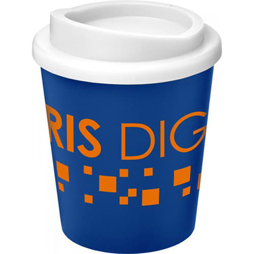 UK Branded Mini Americano Reusable Coffee Cup in Blue/White Printed with a Logo by Total Merchandise