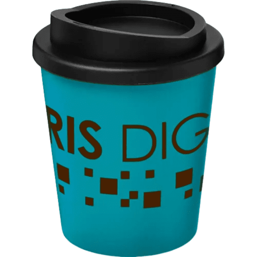 UK Printed Mini Americano Reusable Coffee Cup in Aqua/Black with a Logo by Total Merchandise