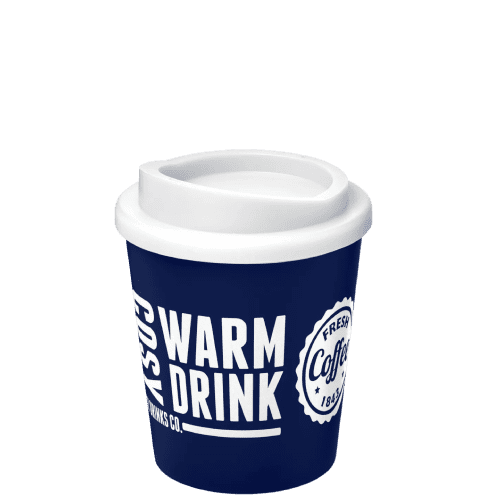 UK Branded Mini Americano Reusable Coffee Cup in Blue/White Printed with a Logo by Total Merchandise