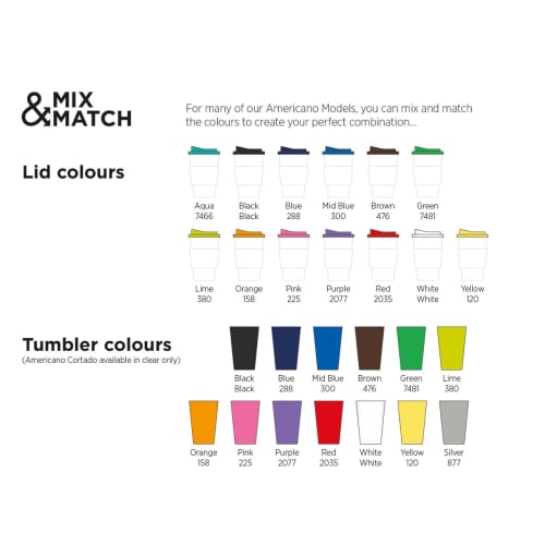 Lid and Cup Colour Options for UK Made  Americano Espresso Reusable Coffee Cups by Total Merchandise