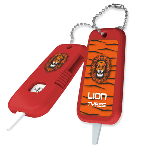 Printed Deluxe Tyre Tread Depth Keyrings in Red with printed company logo by Total Merchandise