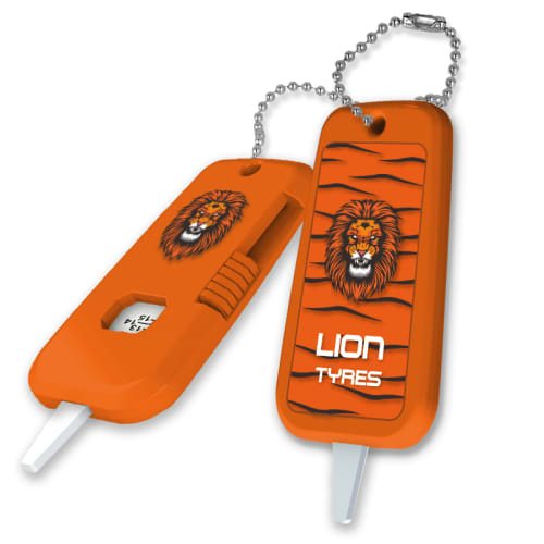 Custom branded Deluxe Tyre Tread Depth Keyrings in Orange with printed logo by Total Merchandise