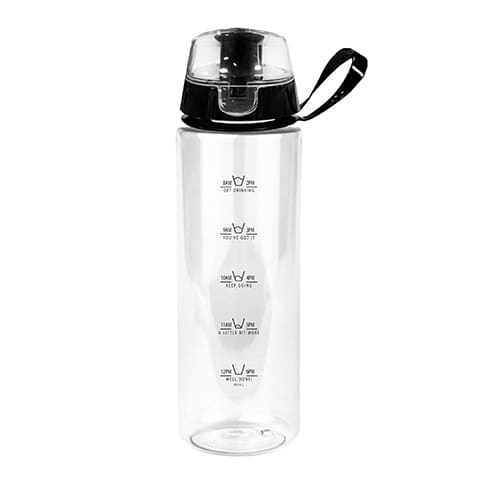 Promotional Stay Hydrated Water Bottles in clear/black printed with a logo by Total Merchandise