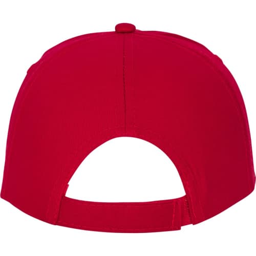 Back of the Feniks 5 Panel Cotton Cap showing the strap available in red from Total Merchandise