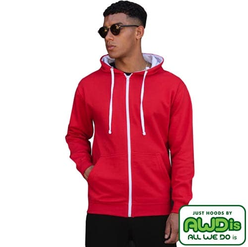 Branded AWD Varsity Zipped Hoodies in Fire Red/Arctic White from Total Merchandise