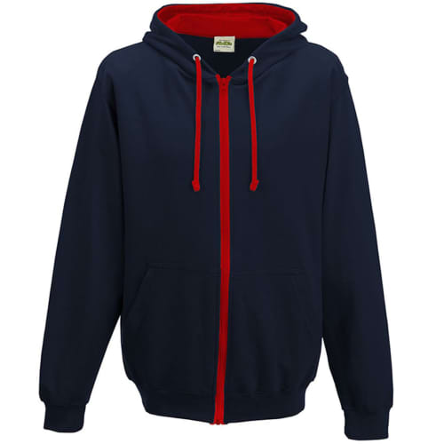 Custom Printed AWD Varsity Zipped Hoodies in New French Navy/Fire Red from Total Merchandise